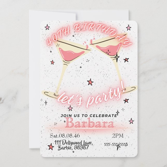 Pink Cocktail 40th Birthday Invitation (Devant)