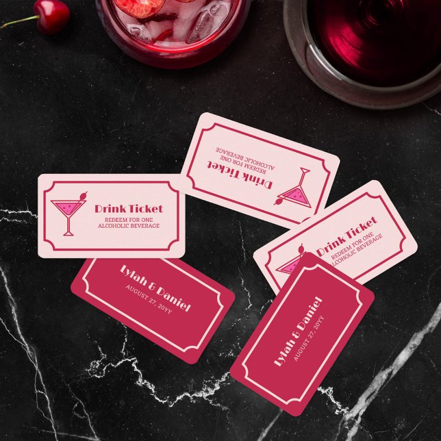 Pink Cocktail Retro Font Wedding Drink Ticket (Créateur téléchargé)