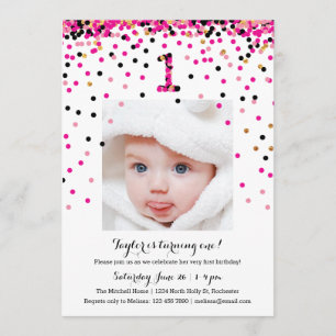 Pink Confetti 1er Anniversaire Photo Invitations F