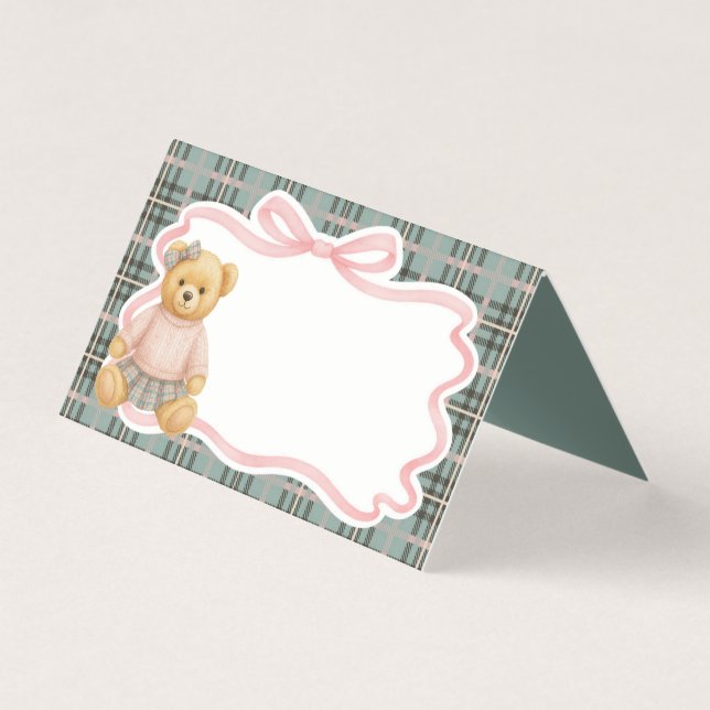 Pink Coquette Bow Bear Tartan Plaid Place Card (Front)