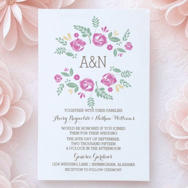 Pink Country Floral Monogramme Mariage Invitation (Pink Country Floral Monogram Wedding Invite)