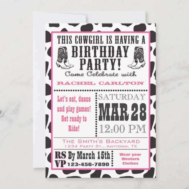 Pink Cow Imprimer Cowgirl Birthday Invitation (Devant)