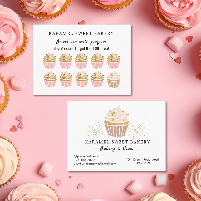 Pink Cupcakes Programme de boulangerie Carte de fi (Blush Pink Gold Cupcakes Reward Program Loyalty card)