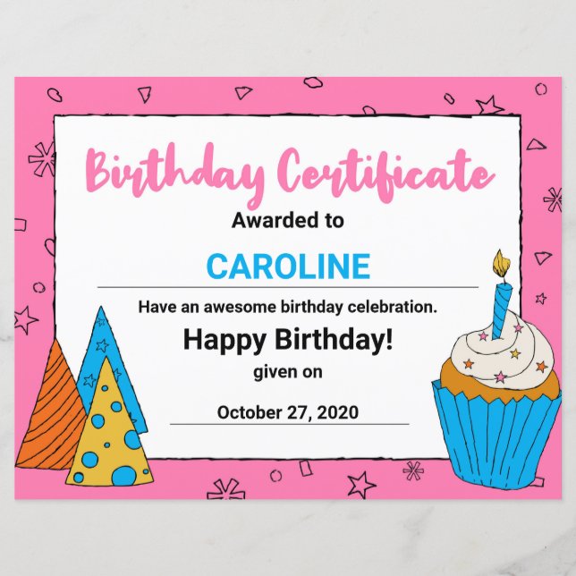 Pink Cute Cupcake Clipart Certificat d'anniversair (Devant)