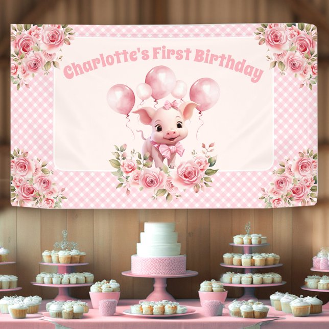 Pink Cute Piggy Girl 1er Anniversaire bannière de  (Pink Cute Piggy Girl 1st Birthday Party Banner)