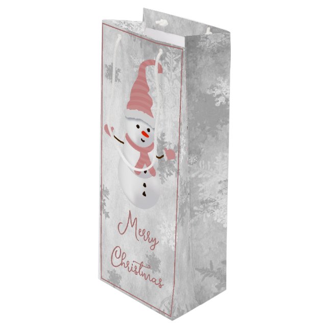 Pink Cute Snowman Vacances Sac cadeau vin (Devant Angle)