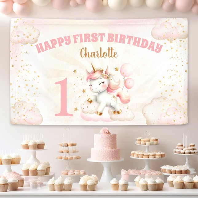 Pink Cute Unicorn Girl 1er Anniversaire bannière d (Pink Cute Unicorn Girl 1st Birthday Party Banner)