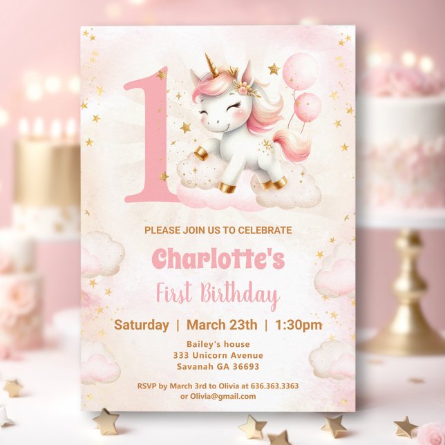 Pink Cute Unicorn Girl 1er anniversaire Invitation (Pink Cute Unicorn Girl 1st Birthday Invitation)