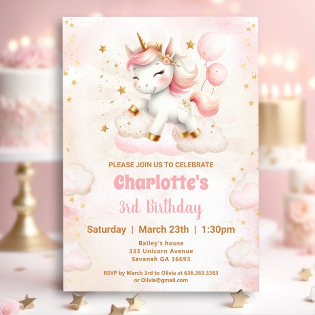 Pink Cute Unicorn Girl Anniversaire Invitation (Pink Cute Unicorn Girl Birthday Invitation)