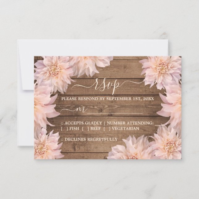 Pink Dahlia Flower Rustic Wood Wedding Carte RSVP (Devant)