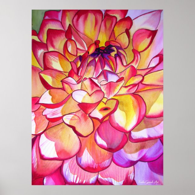 Pink Dahlia watercolour fine art poster (Devant)