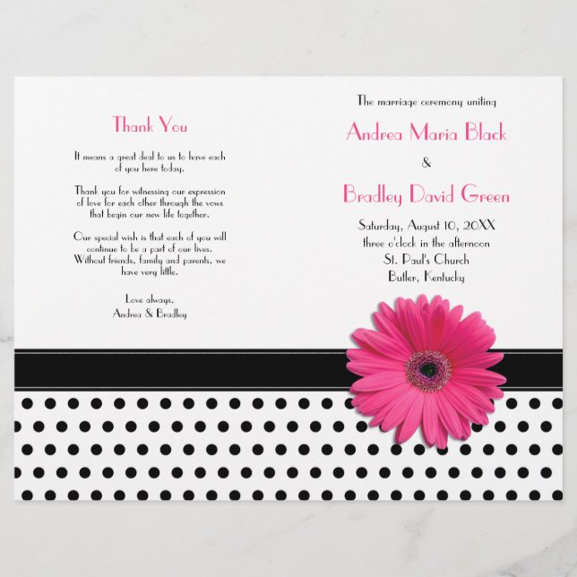 Pink Daisy Black White Polka Programme de mariage (Devant)