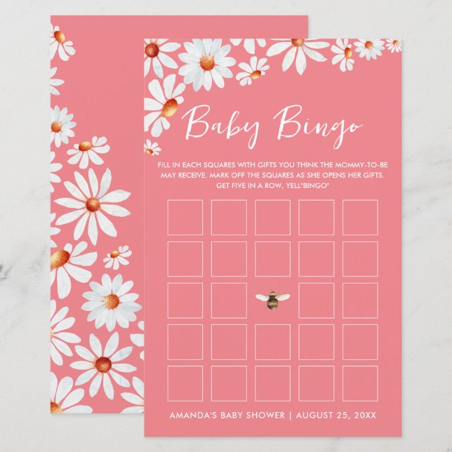Pink Daisy & Bumblebee Baby Bingo (Devant / Derrière)