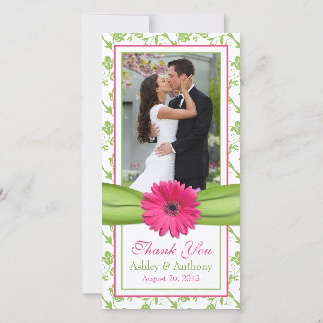 Pink Daisy Green Floral Ribbon Merci Mariage (Devant)