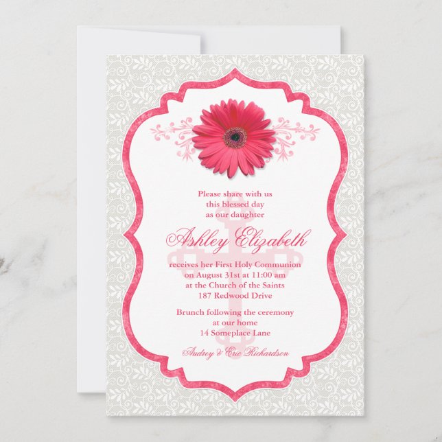 Pink Daisy White Lace First Communion Invitation (Devant)