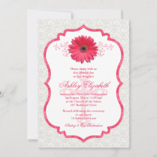 Pink Daisy White Lace First Communion Invitation