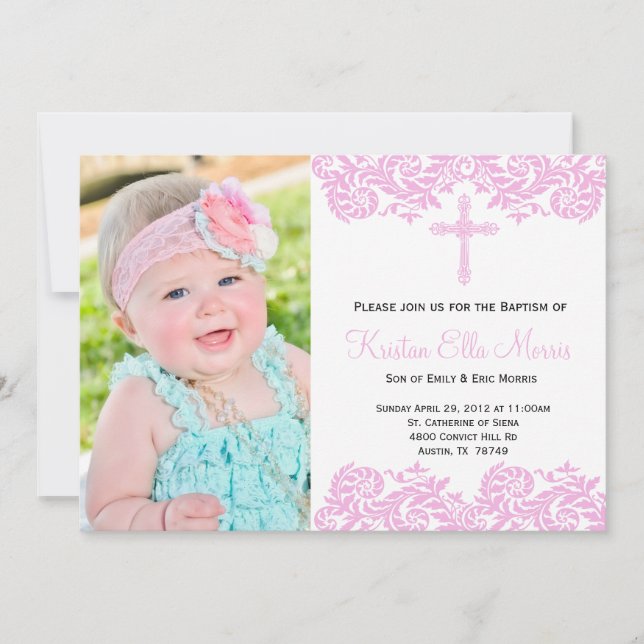 Pink Damask Christening Baptism Invitation (Devant)