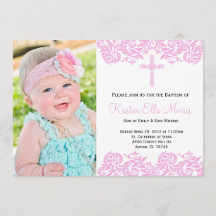 Pink Damask Christening Baptism Invitation