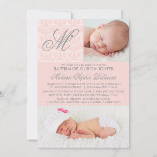 Pink Damask Monogramme Baptême Photo Invitation