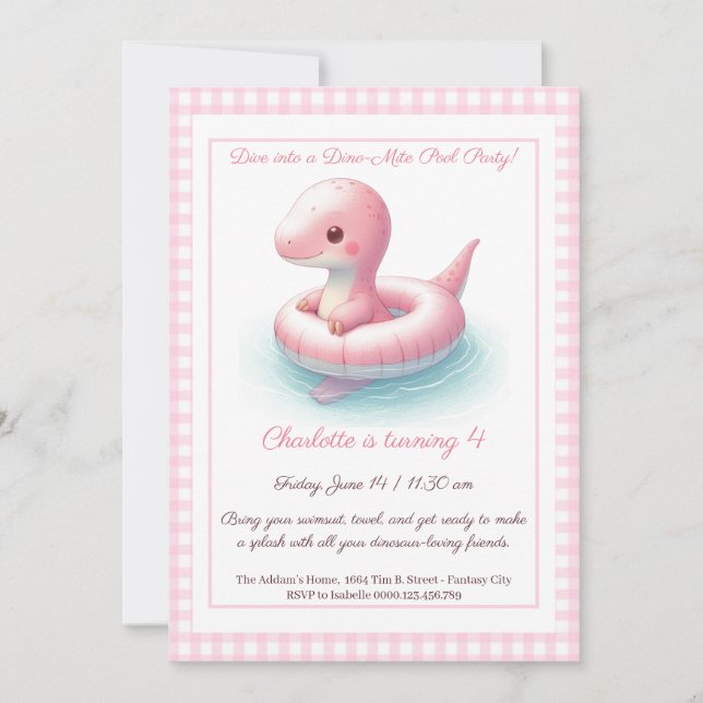 Pink Dino Pool Party - Invitation d'anniversaire (Devant)