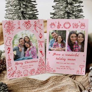 Pink Doodles Carte de Noël Photo Fêtes tendance