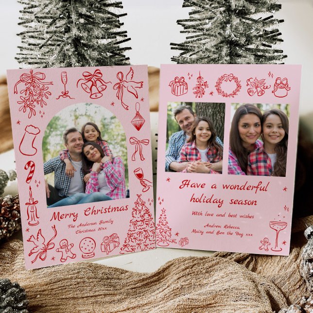 Pink Doodles Carte de Noël Photo Fêtes tendance (Créateur téléchargé)
