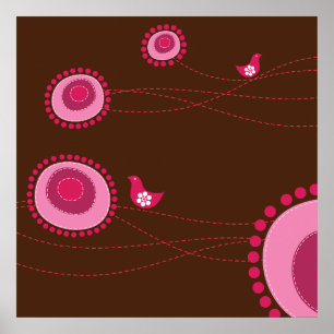 Pink Dotted Flowers and Happy Birds Poster