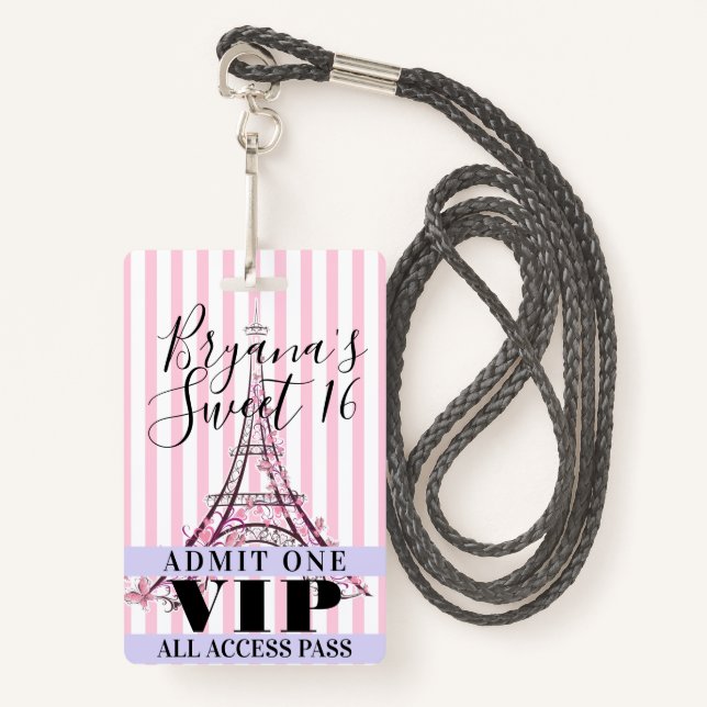 Pink Eiffel Tower Sweet 16 Party VIP Pass Badge (Devant avec lanière)