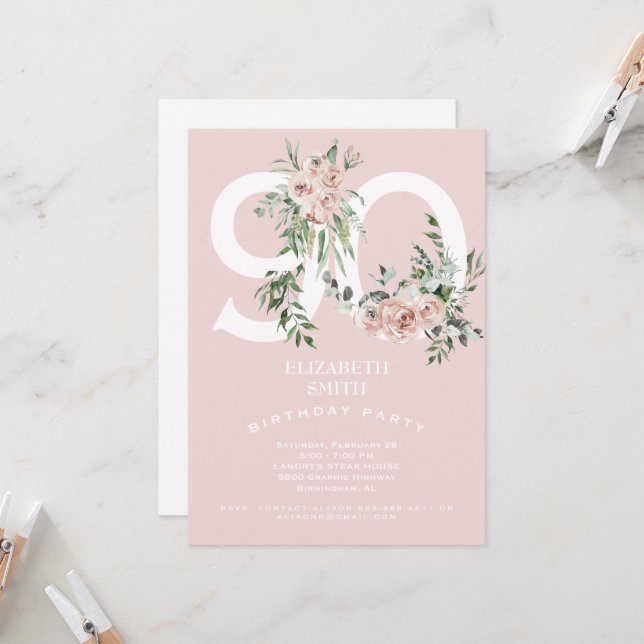 Pink Elegant 90e anniversaire de fête Invitation (Devant/Arrière en situation)