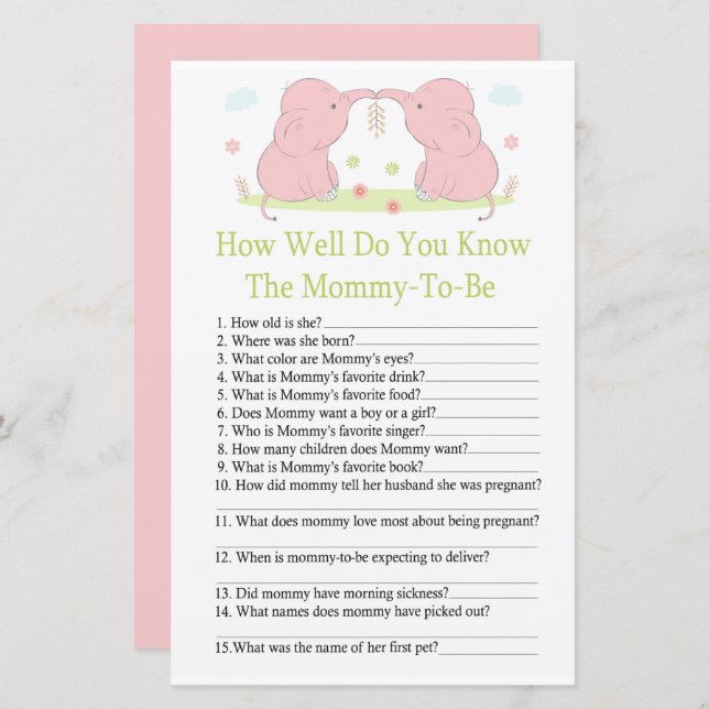 Pink Elephant Comment bien connaissez-vous le bébé (Devant / Derrière)