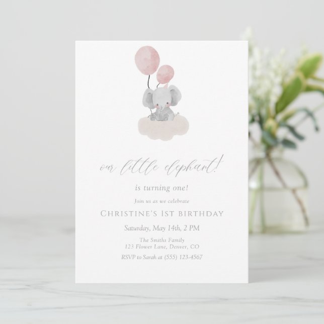 Pink Elephant First Birthday Invitation (Debout devant)