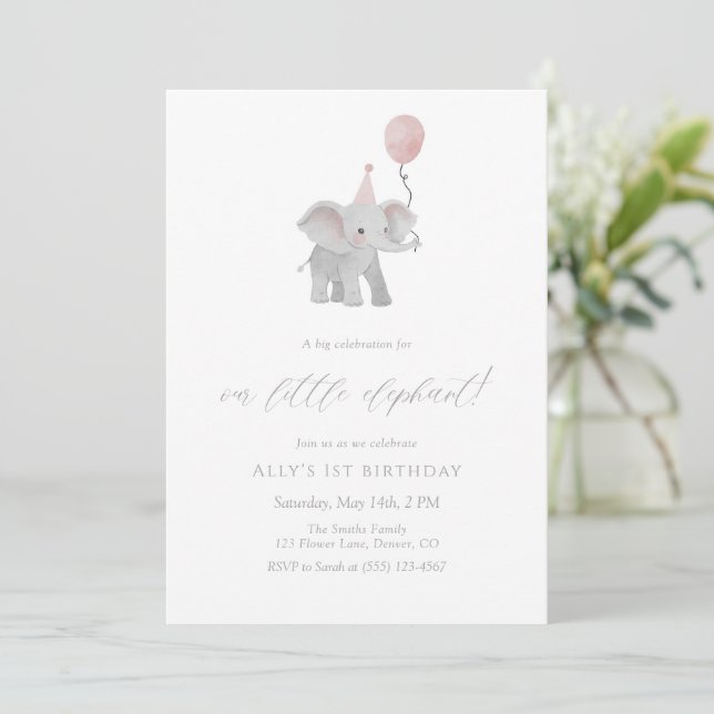 Pink Elephant First Birthday Invitation Watercolor (Debout devant)