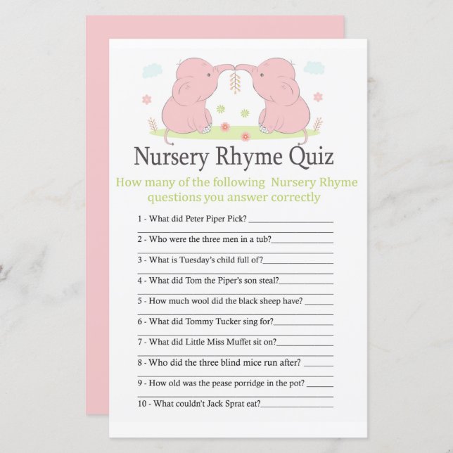 Pink Elephant Nursery Rhyme Quiz jeu de baby showe (Devant / Derrière)