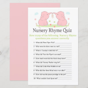 Pink Elephant Nursery Rhyme Quiz jeu de baby showe