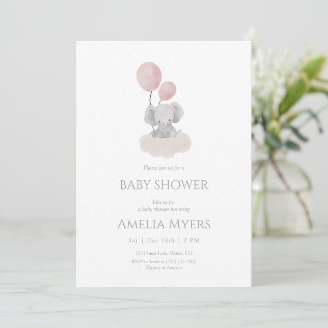 Pink Elephant on Cloud Baby Shower Invitation (Debout devant)