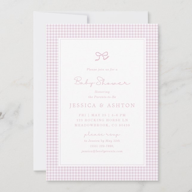 Pink En vichy Bow Baby Girl, Invitation Baby showe (Devant)