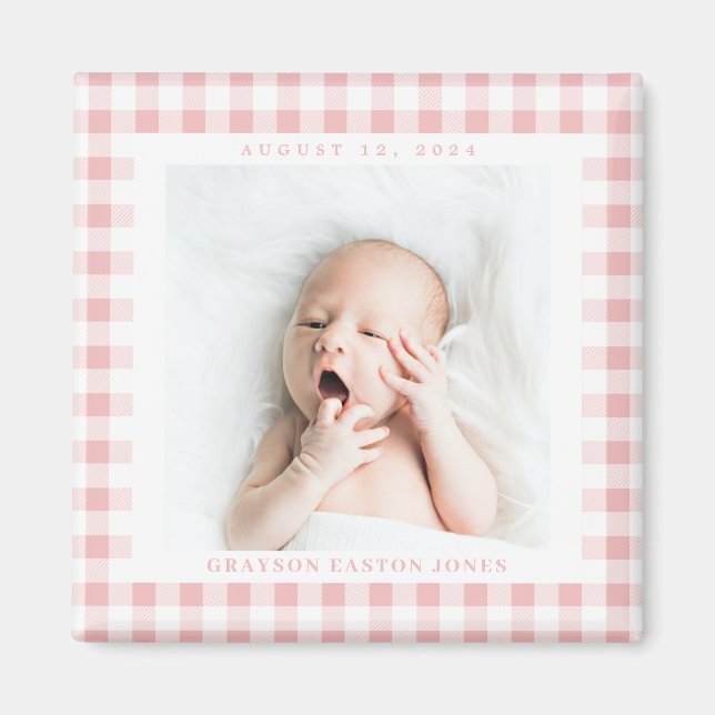 Pink En vichy Check Baby Birthdate Magnet (Devant)