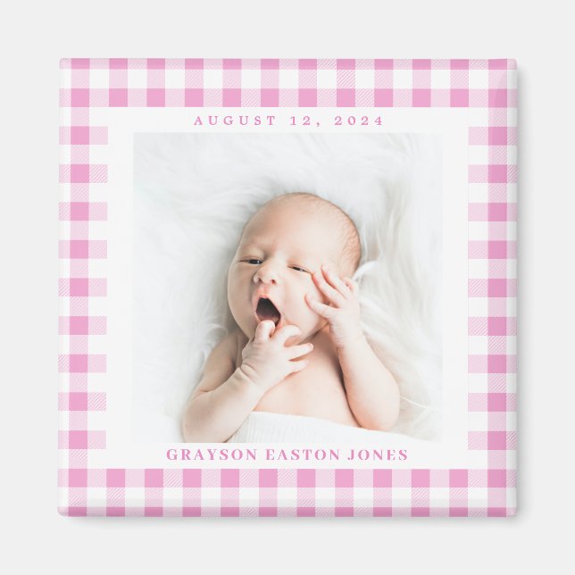Pink En vichy Check Baby Birthdate Magnet (Devant)