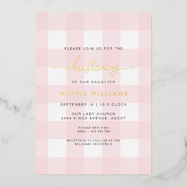 Pink En vichy Christening Foil Invitation (Recto)