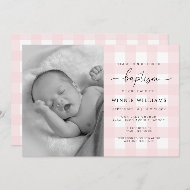 Pink En vichy Photo Baptism Invitation (Devant / Derrière)