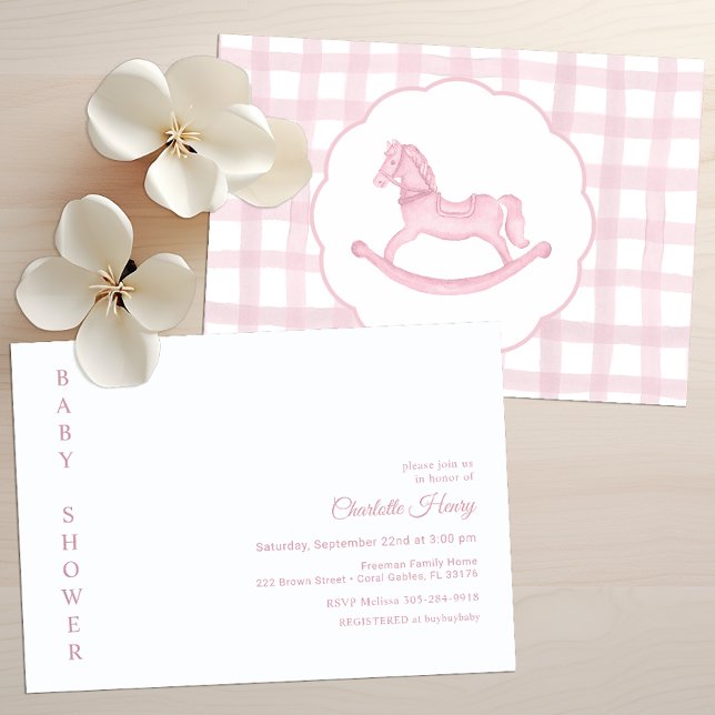 Pink En vichy Rocse Baby shower Invitation (Pink Rocking Horse Baby Shower Invitation)