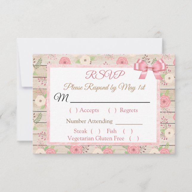 PInk et bronzer Rustic Wood Floral Wedding RSVP ca (Devant)