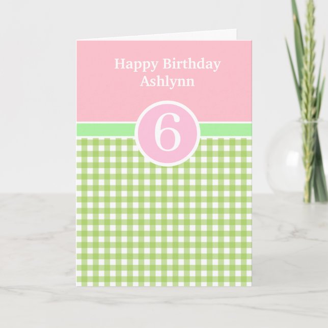 Pink et Green En vichy 6e carte d'anniversaire (Devant)