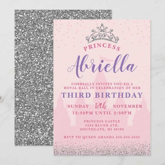 Pink et Silver Princess Invitation d'anniversaire (Devant / Derrière)