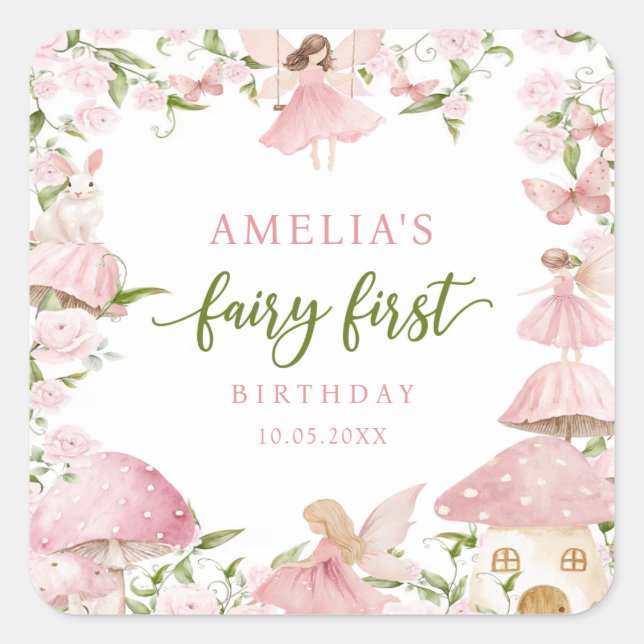 Pink Fairy First Birthday Party Sticker (Devant)