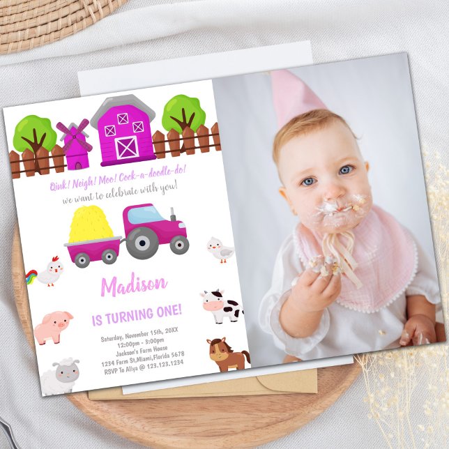 Pink Farm Anniversaire Invitations avec photo (Pink Farm Birthday Invitations with photo)