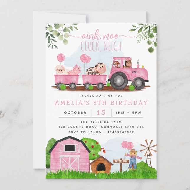 Pink Farm Barnyard Animaux Anniversaire Invitation (Devant)