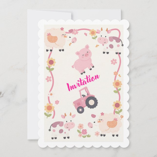 Pink Farm Birthday Invitation Template, Editable G (Devant)