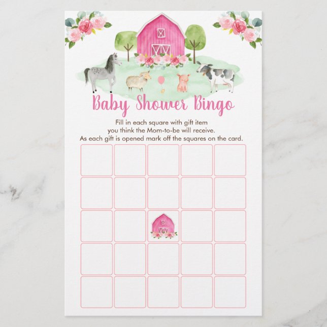 Pink Farm Floral Baby shower Jeu de Bingo (Devant)