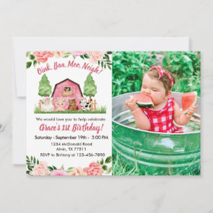 Pink Farm Photo 1er Anniversaire Invitation